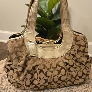 Coach Signature Brown and Gold Shoulder Bag